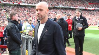 Manchester United manager Erik ten Hag walks out ahead of the Premier League match between Manchester United and Brighton & Hove Albion at Old Trafford on August 07, 2022 in Manchester, England