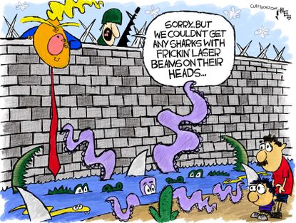 Political Cartoon U.S. Trump Mexico wall moat alligators