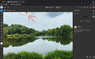 Adobe Photoshop for the web commenting tool on a landscape photo of a lake
