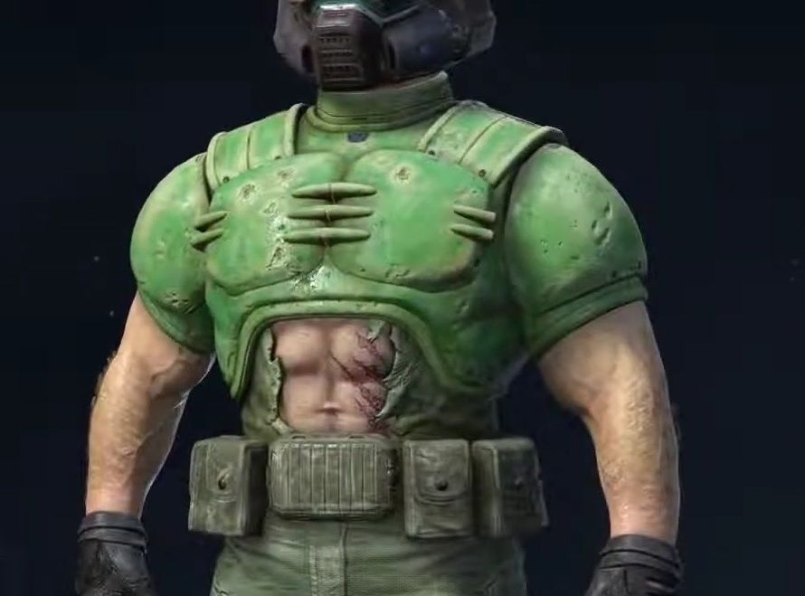 Quake Champions screenshot showing Doomguy classic skin with tummy window