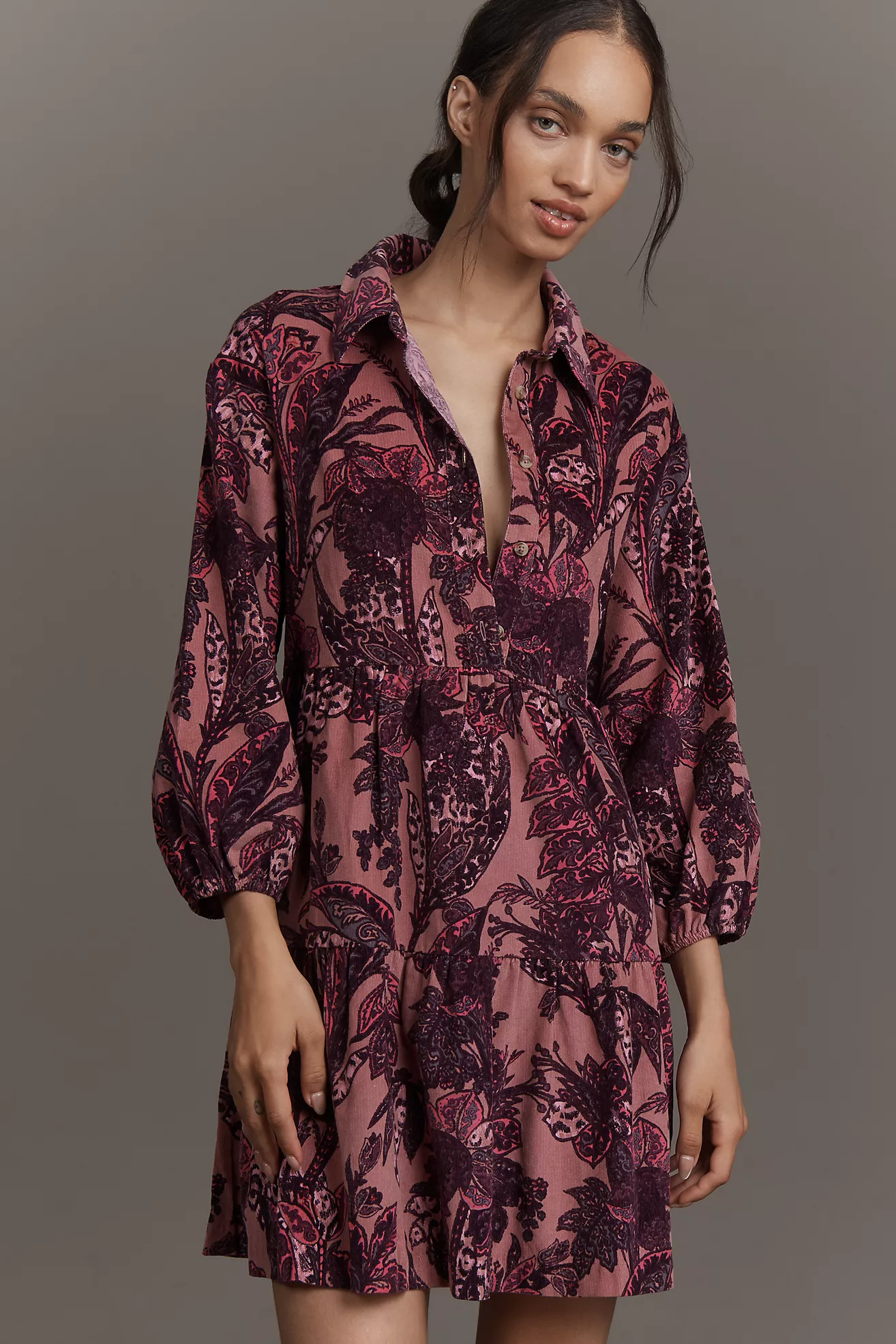 The Bettina Corduroy Tiered Mini Shirt Dress by Maeve