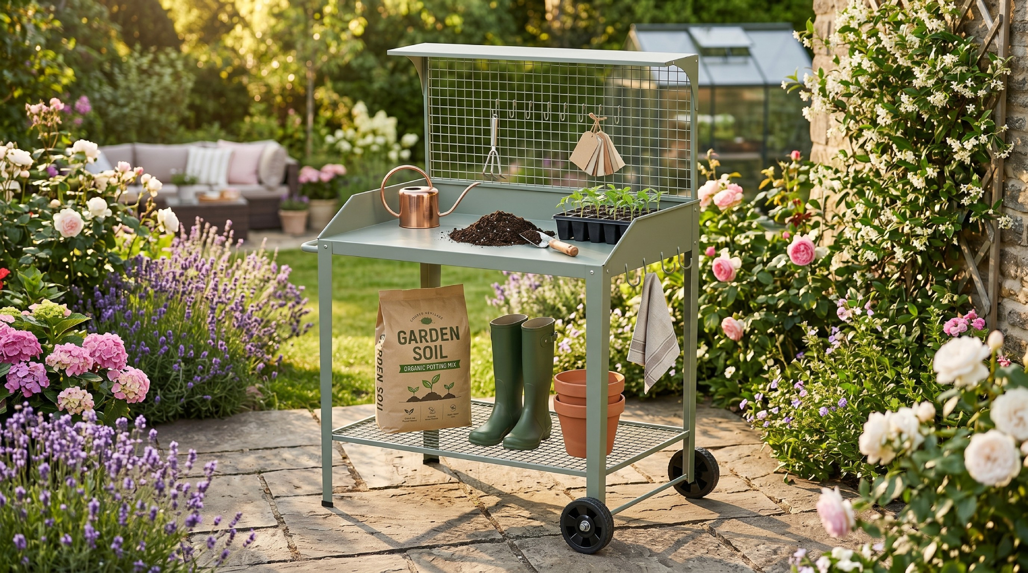 Potting bench in an AI generated patio garden 