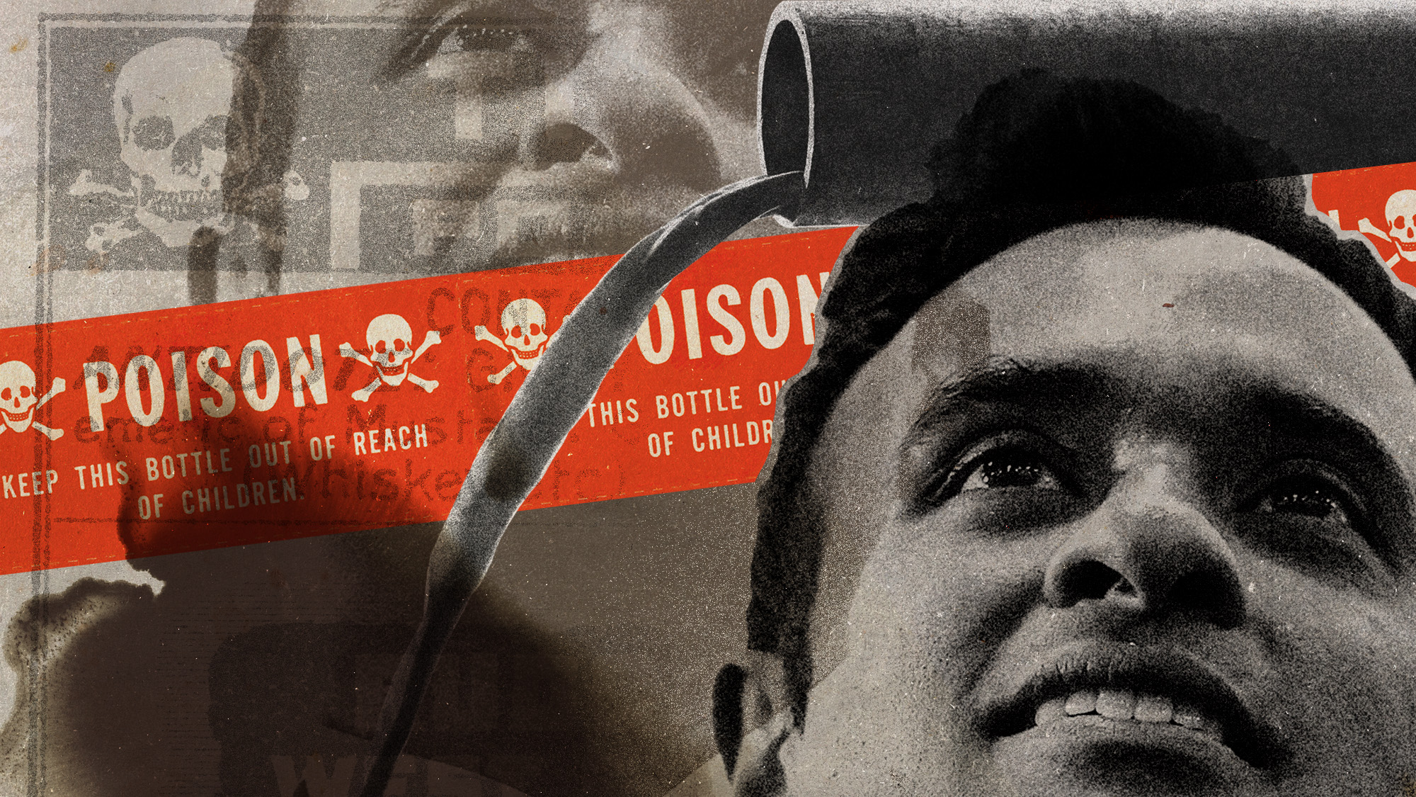 Photo collage of Vivek Ramaswamy, a sewage pipe, and poison labels