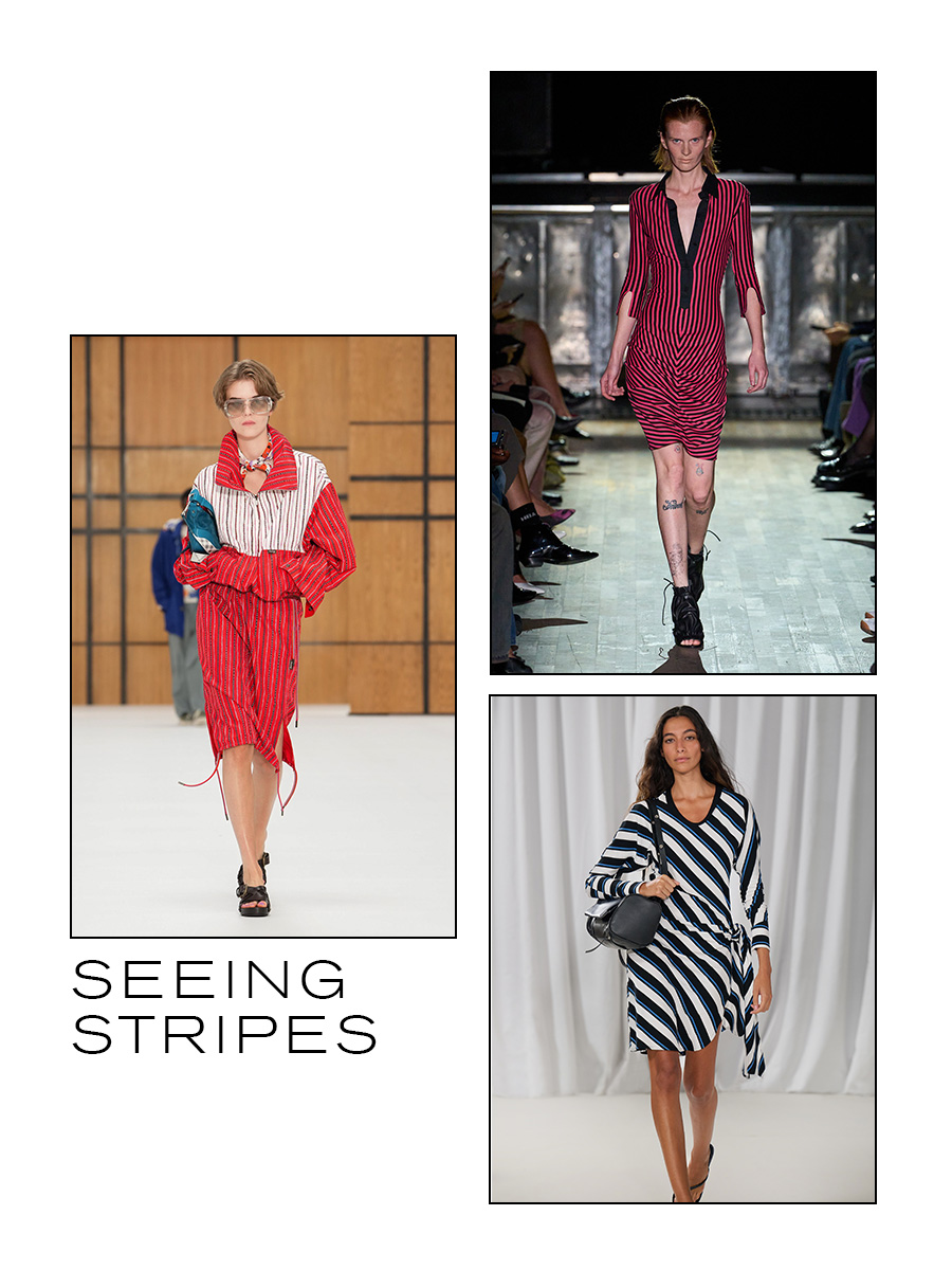 A slide with images from the S/S 27 London Fashion Week shows with the title, "Seeing Stripes," representing stripes on the catwalk.