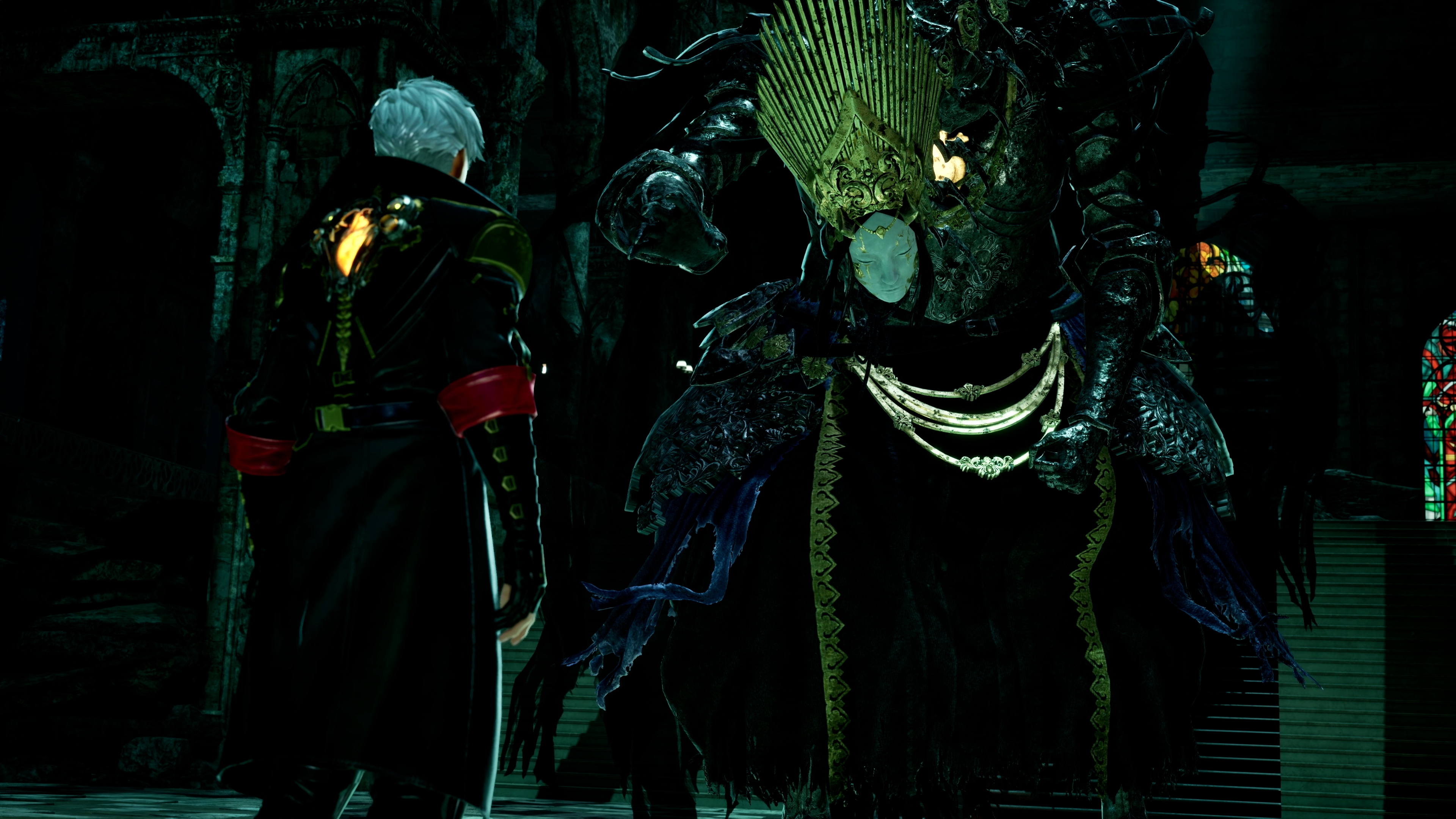 Code Vein 2 gameplay showing the protagonist standing in front of a large beast with a human face mask