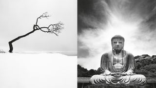 Left: A solitary, crooked tree with sparse branches leans sharply over a pristine, white snow-covered bank. Right: A large bronze Buddha statue sits in serene meditation against a dramatic, swirling sky filled with white clouds