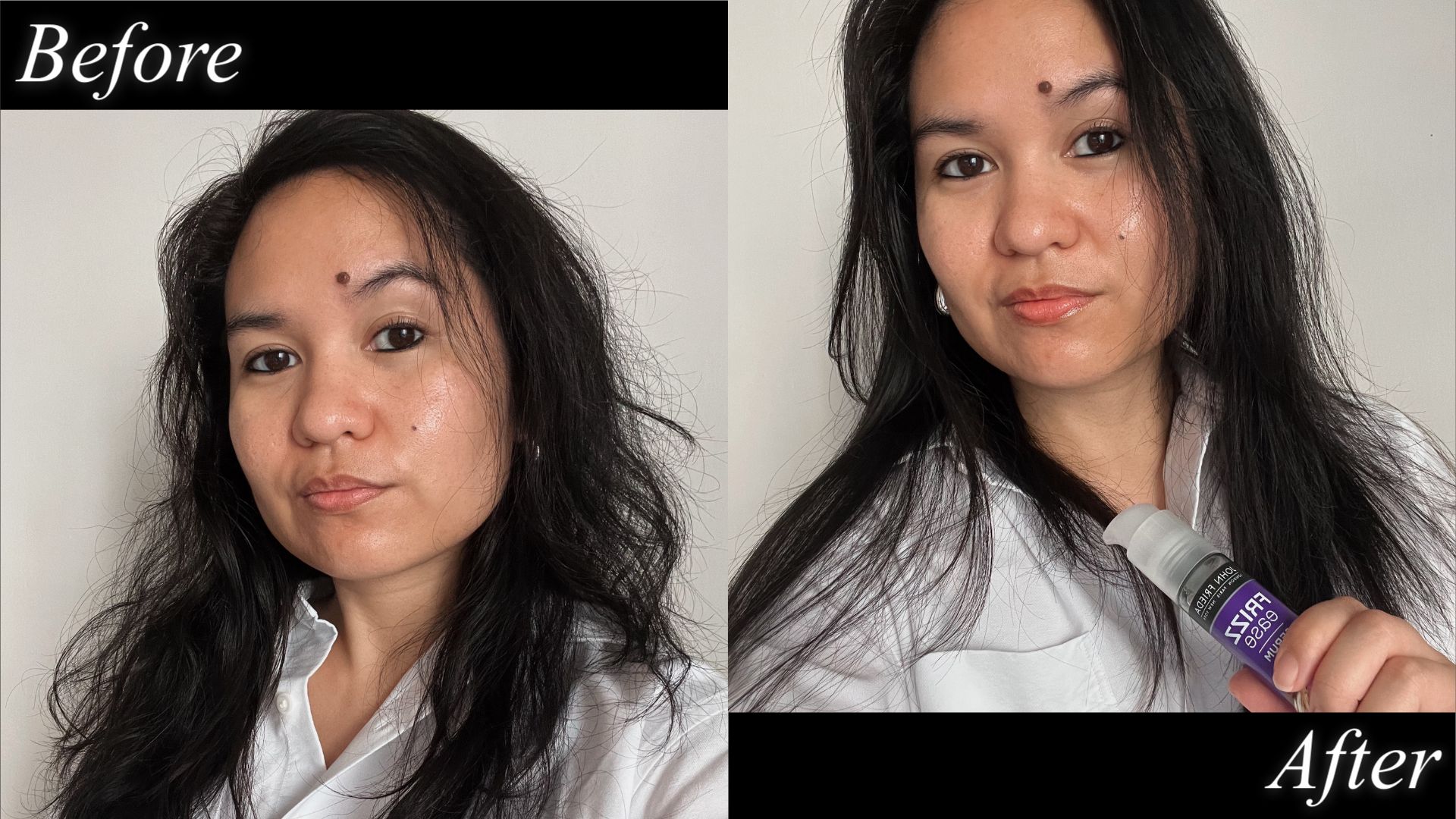 before and after photos for an anti-frizz product