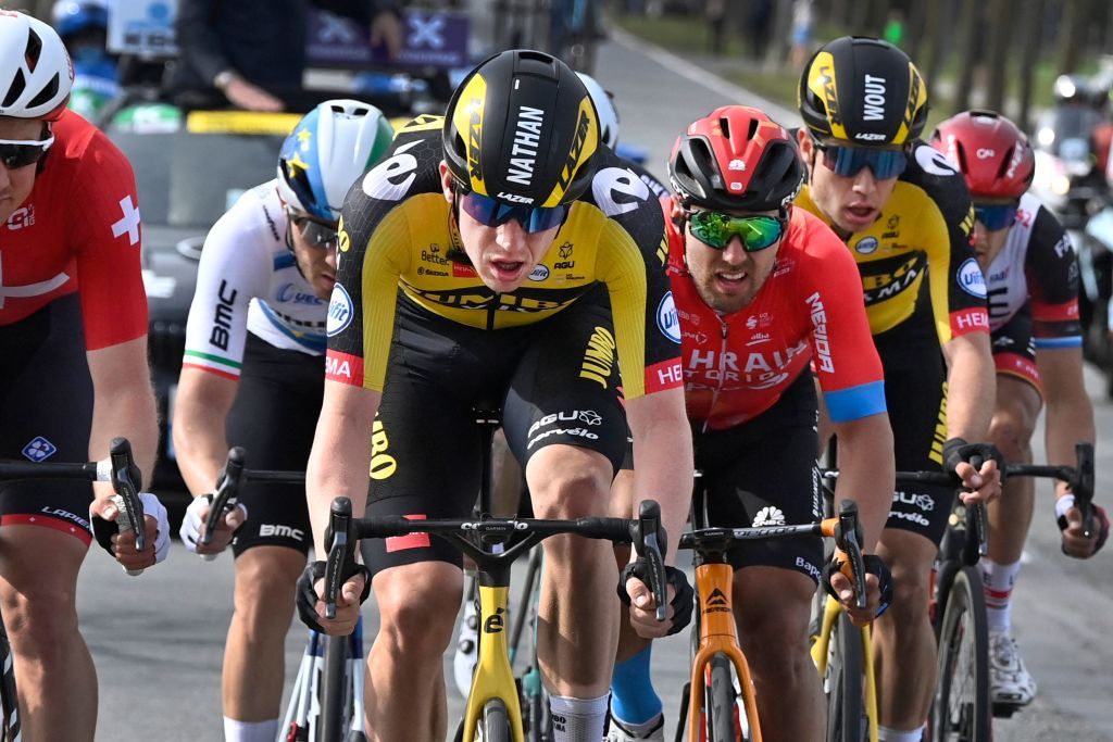 Nathan Van Hooydonck and Sonny Colbrelli in the breakaway in Gent-Wevelgem in 2021