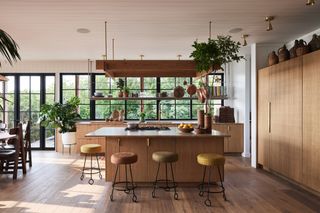 Wood kitchen with island, plants, and natural earthy palette