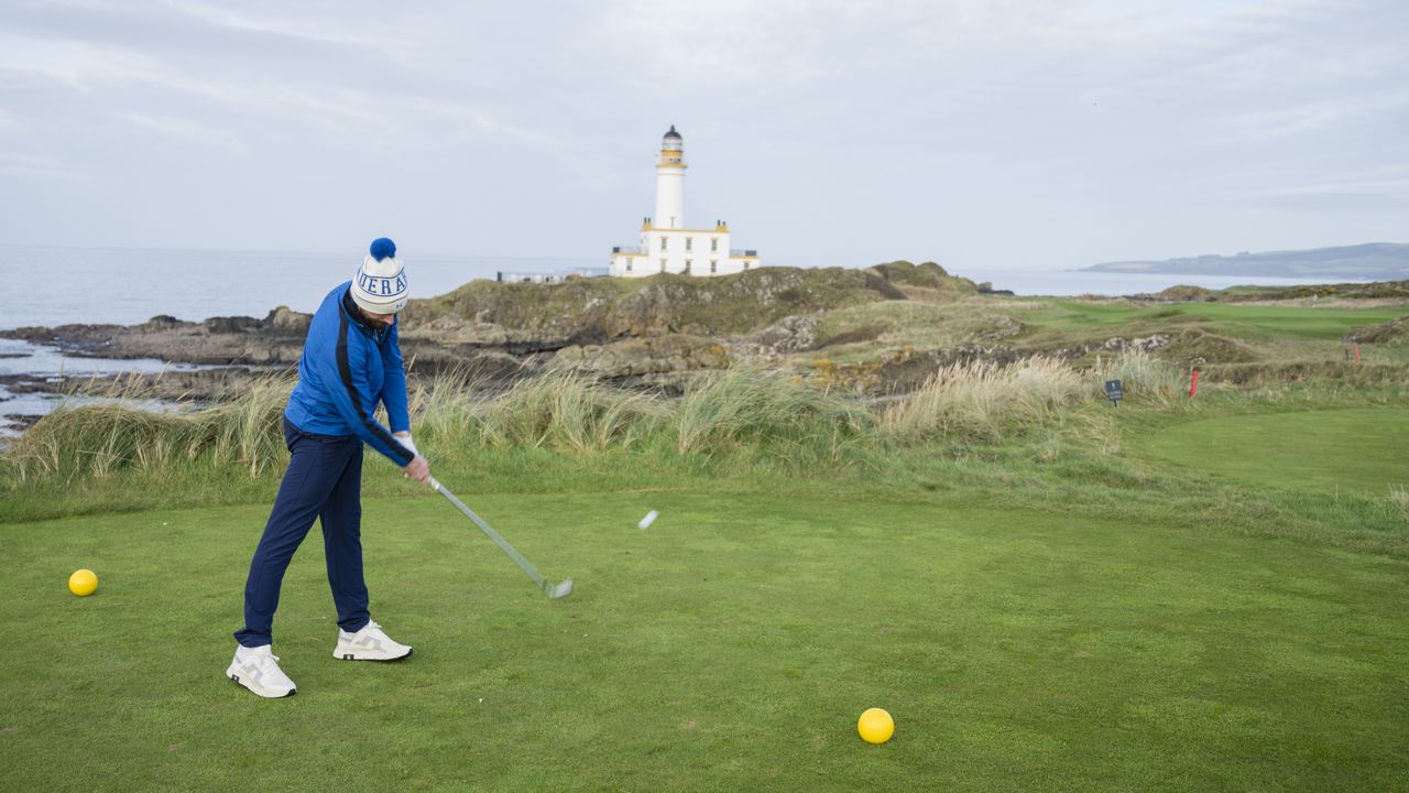 Barry Plummer hitting a tee shot on the 9th hole of the Ailsa Course at Trump Turnberry