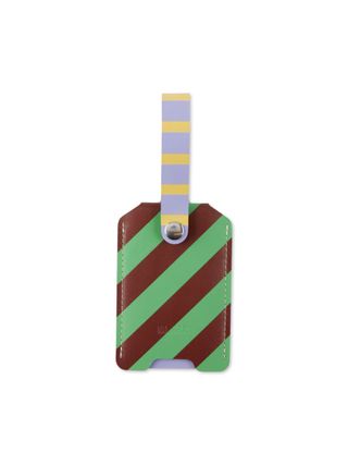 A recycled leather, stripy luggage tags in brown, green, yellow, and purple.