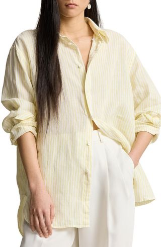 Oversize Stripe Linen Button-Down Shirt