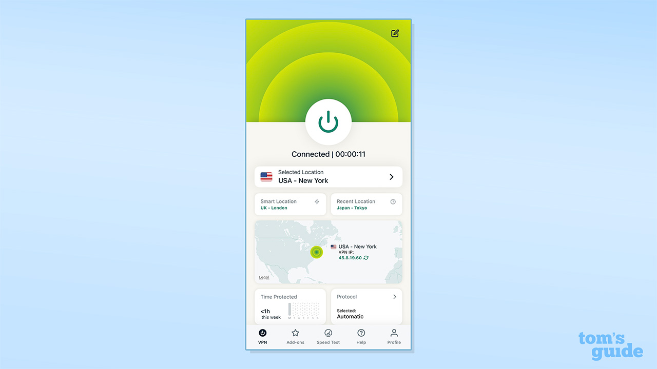 Screenshot of ExpressVPN updated home screen