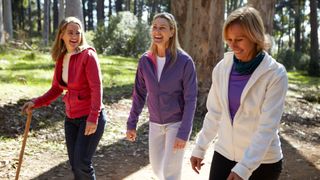 Three women walking together through a forest, getting in their 10,000 steps a day