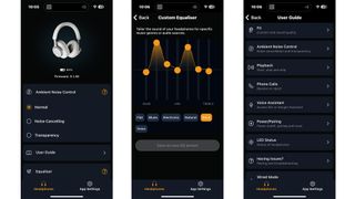 Cambridge Audio Melomania P100 over-ear headphones app on three phone screens