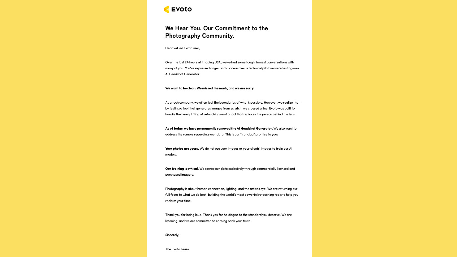 Evoto statement on a yellow background