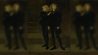 The Two Princes Edward and Richard in the Tower, 1483 (1878). Royal Holloway picture collection, London. Here we see two young boyes with long blond hair. They're both wearing all black and each have a gold necklace. They are standing on some curving steps, clutching onto each others hand with a worried expression on their faces.