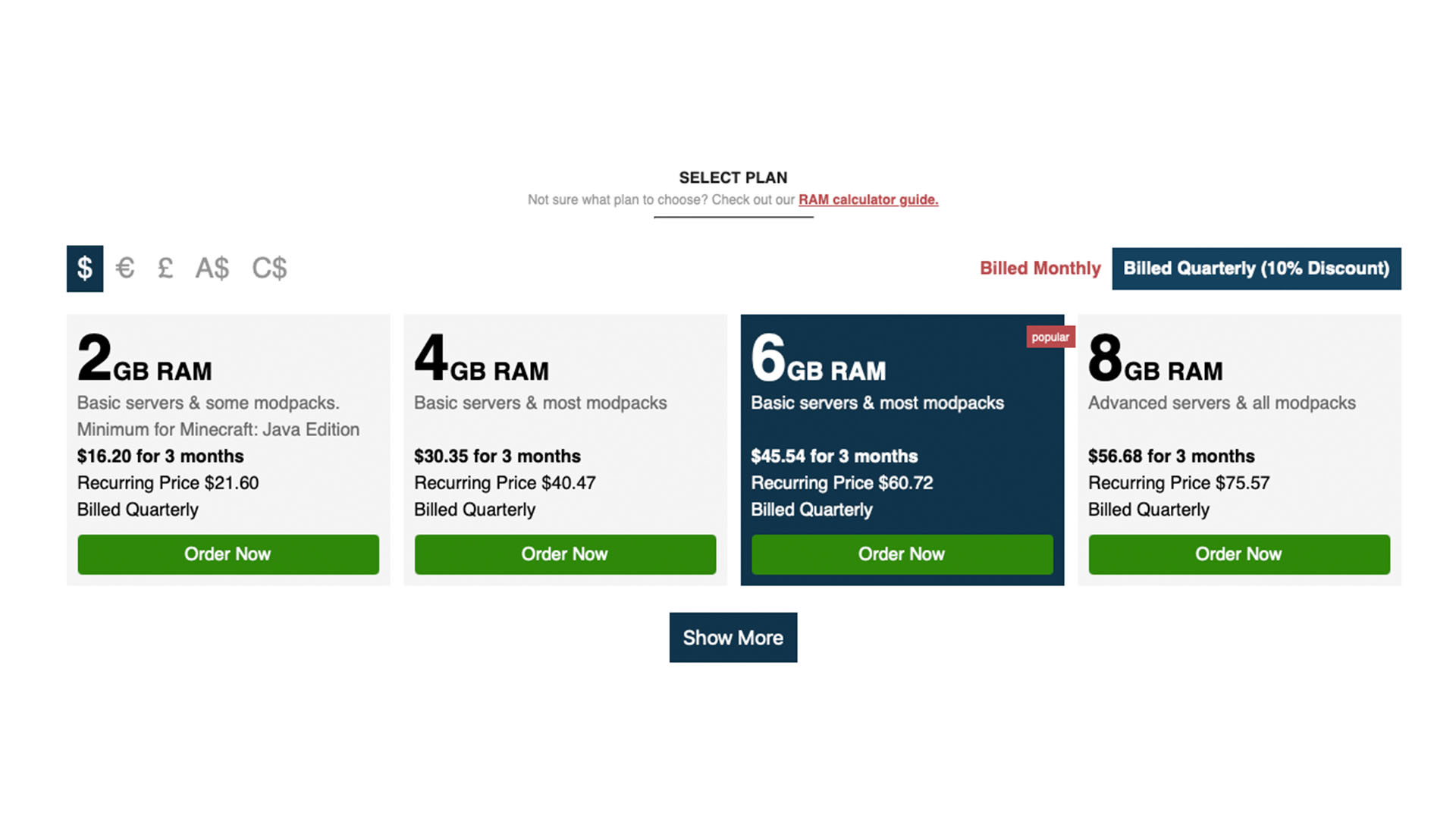 The Apex Hosting pricing plan.