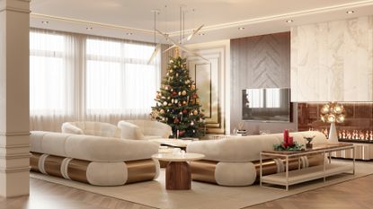 A neutral living room with a large Christmas tree in the corner