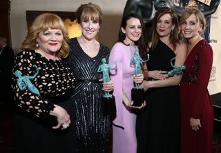 Lesley Nicol, from left, Phyllis Logan, Sophie McShera, Raquel Cassidy, and Joanne Froggatt from Downton Abbey. (John Salangsang/Invision/AP)