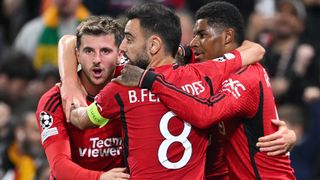 Bruno Fernandes of Manchester United celebrates with teammates ahead of the Man Utd vs Copenhagen live stream. of Manchester United celebrates with teammates ahead of the Man Utd vs Copenhagen live stream.