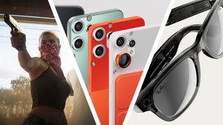 A still of a woman pointing a gun from Grand Theft Auto 6, next to three Nothing CMF Phone 2 Pro phones, next to some Ray-Ban Meta smart glasses