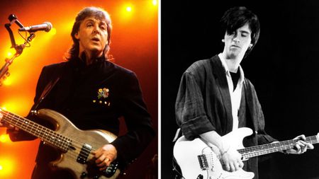 Left&ndash;Paul McCartney performs on stage on the Paul McCartney World Tour, Ahoy, Rotterdam, Netherlands, 11th November 1989. He is playing a Wal 5 string bass guitar; Right&ndash;Johnny Marr performing on stage circa 1980s