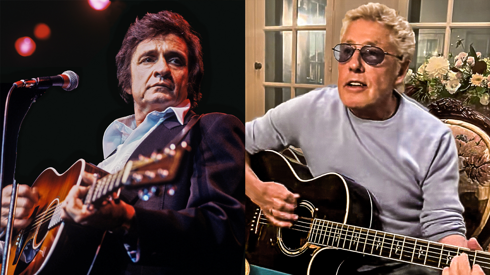 LEFT: Johnny Cash performs on stage at Wembley Arena, London in March 1979. RIGHT: Roger Daltrey sings a Johnny Cash song at a dinner table in a video posted to TikTok in December 2025
