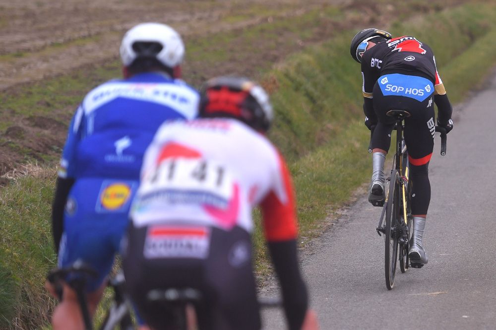 Greg Van Avermaet checks behind as he attacks during E3 Harelbeke
