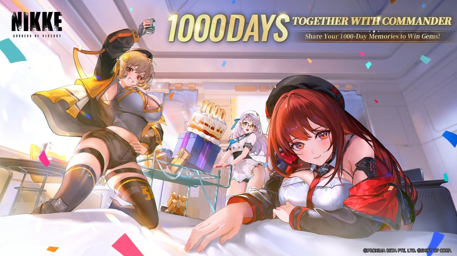 Art commemorating the 1,000th day since the launch of Nikke: Goddess of Victory. It has been modified so that two hands are in less of a &quot;pinching&quot; motion.