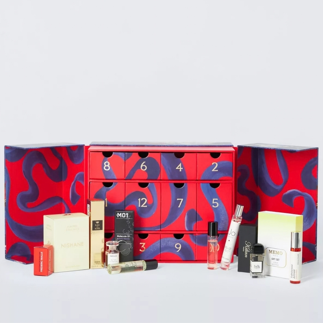 John Lewis Fragrance Advent Calendar 2026 with its contents in front