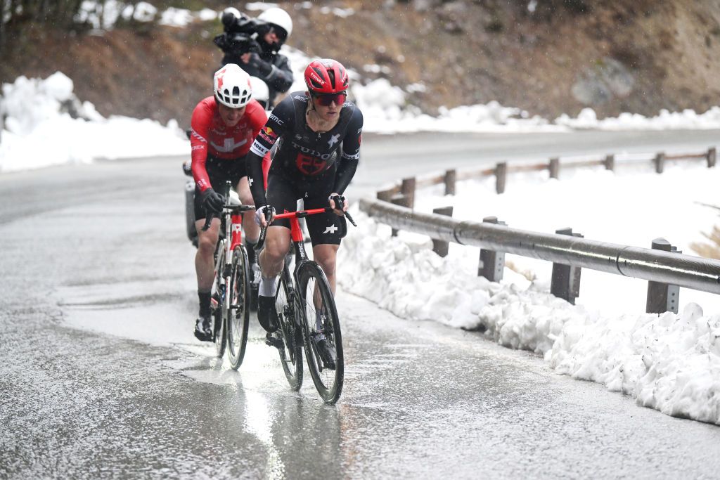AURON FRANCE MARCH 15 LR Mauro Schmid of Switzerland and Team Jayco AlUla and stage winner Michael Storer of Australia and Tudor Pro Cycling Team compete in the breakaway during the 83rd Paris Nice 2025 Stage 7 a 1093km stage from Nice to Auron 1603m UCIWT on March 15 2025 in Auron France Photo by Dario BelingheriGetty Images