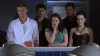 Lucas Scott and his brother and friends watch as Peyton Sawyer Scott is in the hospital on One Tree Hill