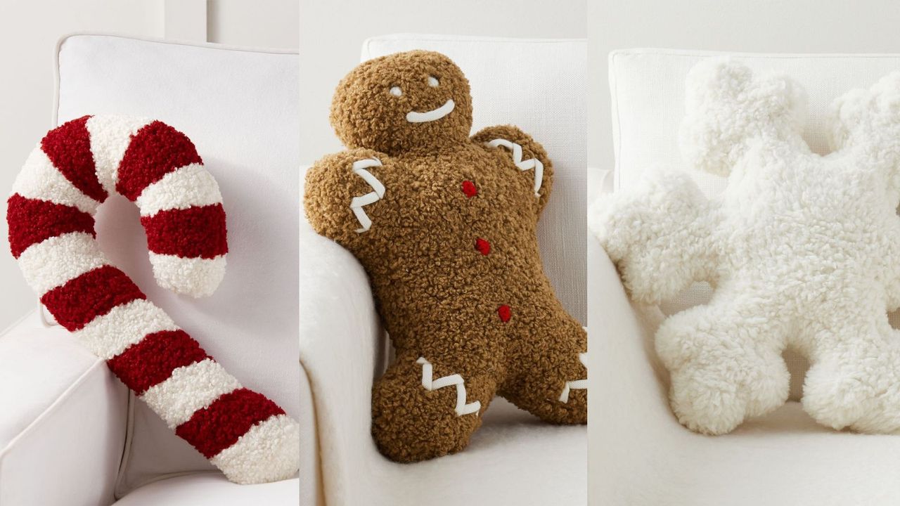 A three panel image of Pottery Barn Christmas Pillows: a Cozy Teddy Candy Cane Pillow; a Mr. Spice Gingerbread Pillow; Sherpa Snowflake Pillow