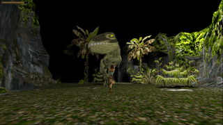 Lara facing the infamous T-Rex in the very first Tomb Raider game