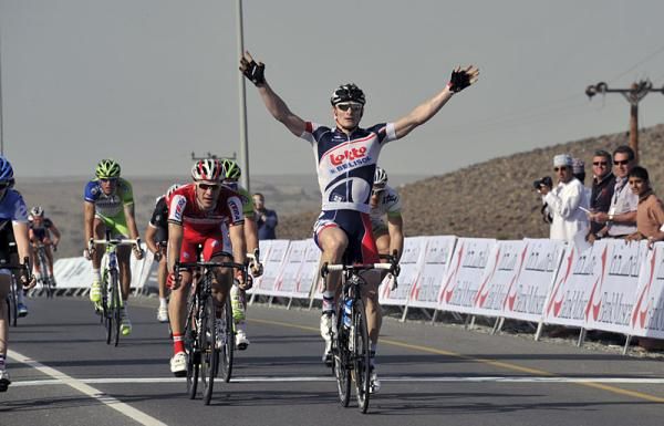 Andr&eacute; Greipel (Lotto Belisol) celebrates victory in the Tour of Oman's opening stage.