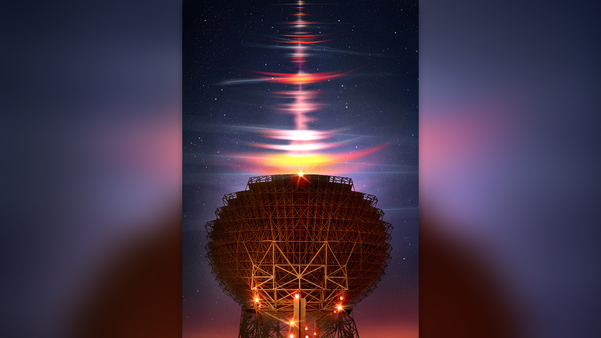 Artist's impression (portrait orientation) of the discovery of microsecond bursts. The foreground shows the Green Bank Telescope (United States) with which the research was done. Incoming radio waves are shown as white, red, and orange streaks that follow each other in rapid succession. The long red streaks are the previously known millisecond flashes.