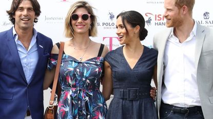 Sentebale Ambassador Nacho Figuares, wife Delfina Figueras, Meghan Duchess of Sussex and Prince Harry, Duke of Sussex arrive for the Sentebale Polo 2018 held at the Royal County of Berkshire Polo Club on July 26, 2018 in Windsor, England