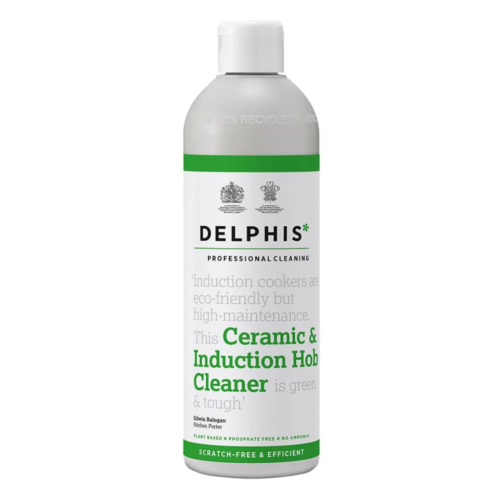 A tall, cylindrical bottle of Delphis Ceramic &amp;amp; Induction Hob Cleaner with a white flip-top cap.