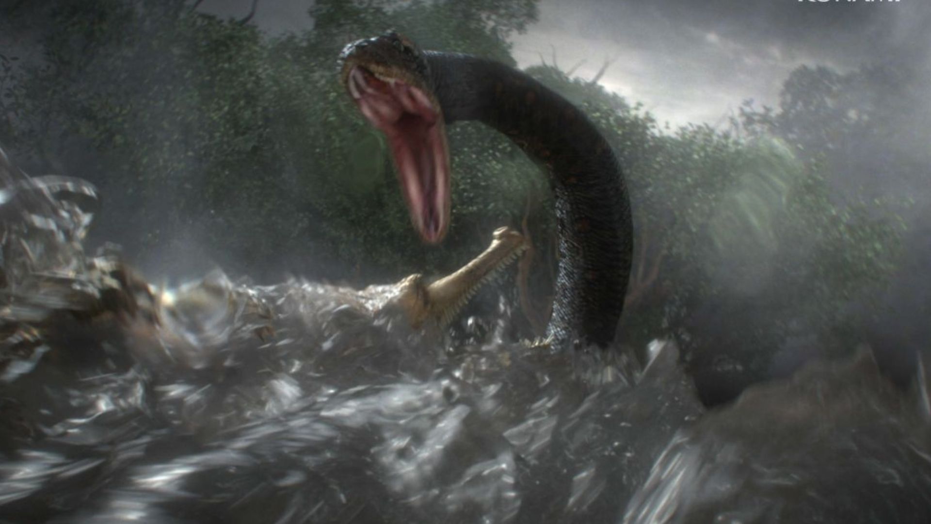 Snake battling a crocodile in the river in a jungle in Metal Gear Solid 3 Snake Eater