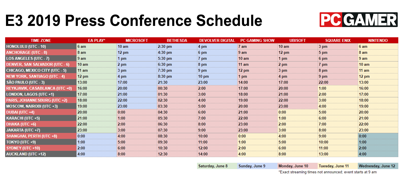 e3 2019 schedule time zone