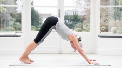 A woman in the downward facing dog yoga pose during a mobility session