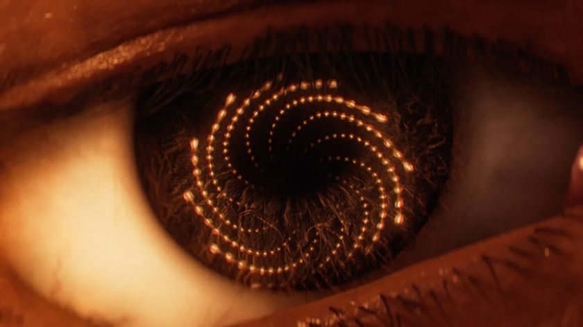 An eyeball reflecting a swirl of glowing bullets.