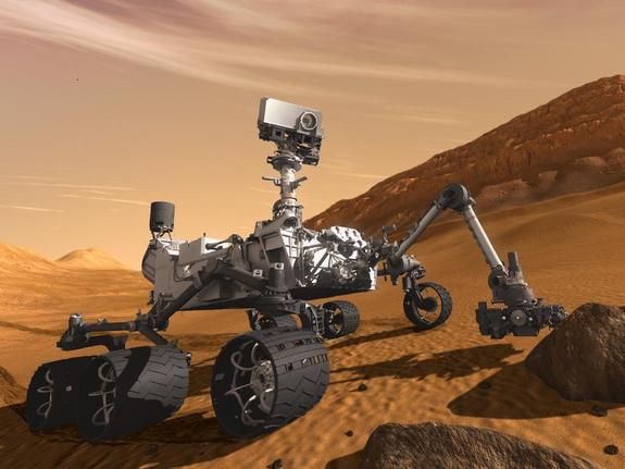 This artist concept features NASA&#039;s Mars Science Laboratory Curiosity rover, a mobile robot for investigating Mars&#039; past or present ability to sustain microbial life. Curiosity is being tested in preparation for launch in the fall of 2011.