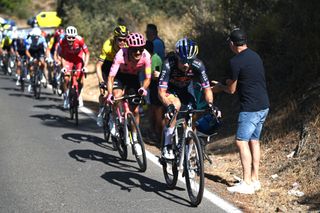 CORDOBA SPAIN AUGUST 23 LR Richard Carapaz of Ecuador and Team EF Education EasyPost and Primoz Roglic of Slovenia and Team Red Bull Bora hansgrohe lead the peloton competes during the La Vuelta 79th Tour of Spain 2024 Stage 7 a 1805km stage from Archidona to Cordoba UCIWT on August 23 2024 in Cordoba Spain Photo by Dario BelingheriGetty Images