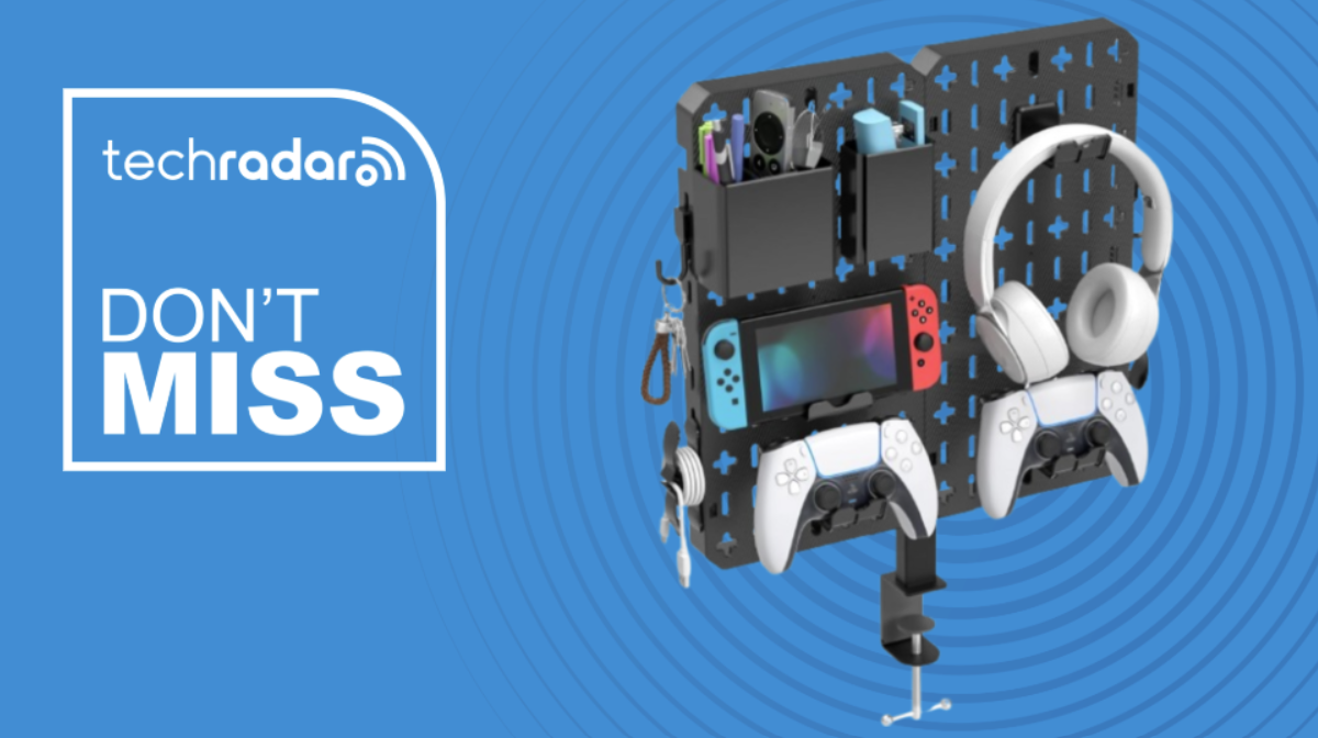KDD 7-in-1 clamp-on desk pegboard on a blue background next to a TechRadar badge that reads 'Don't Miss'