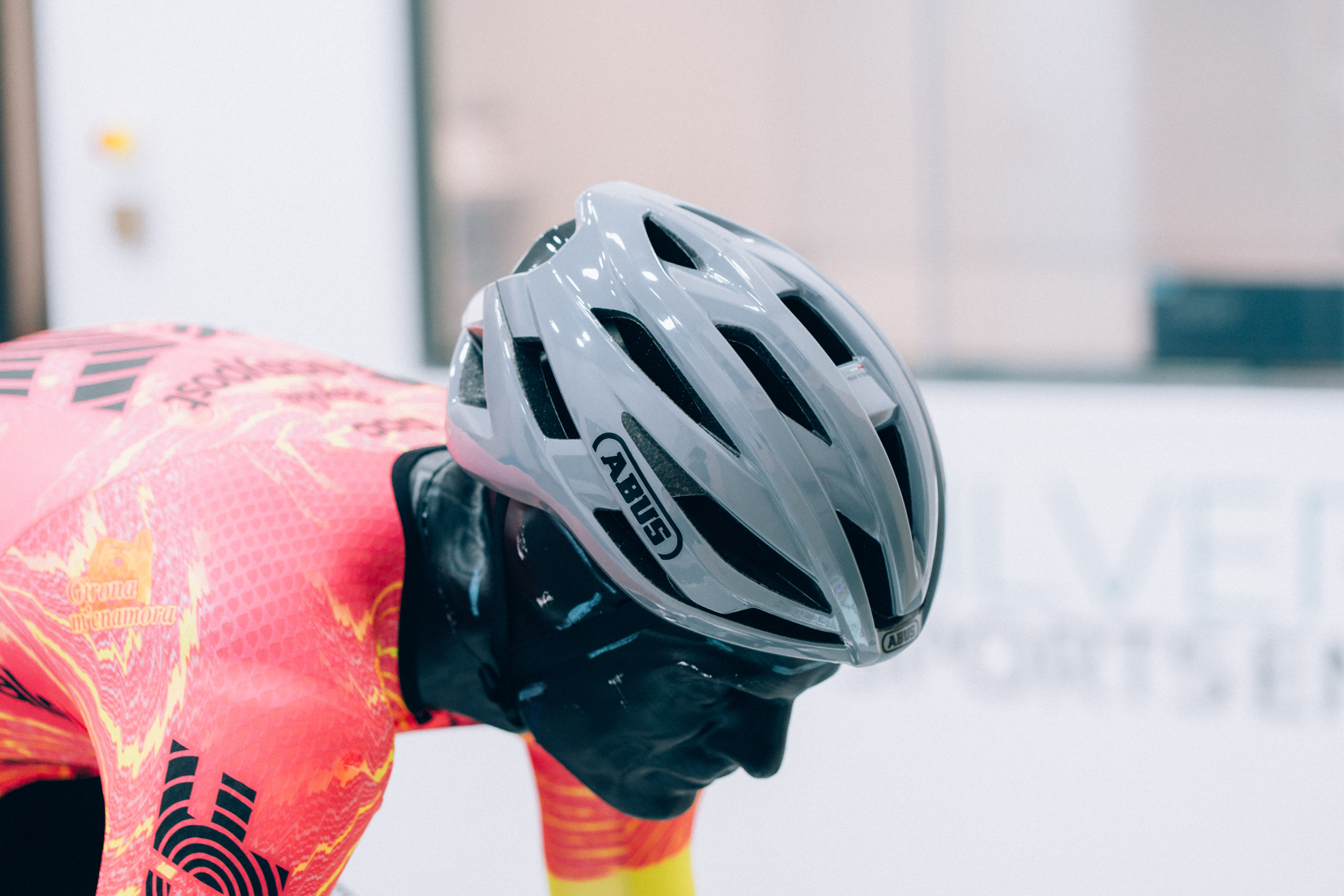 A close up of helmets being tested in the wind tunnel