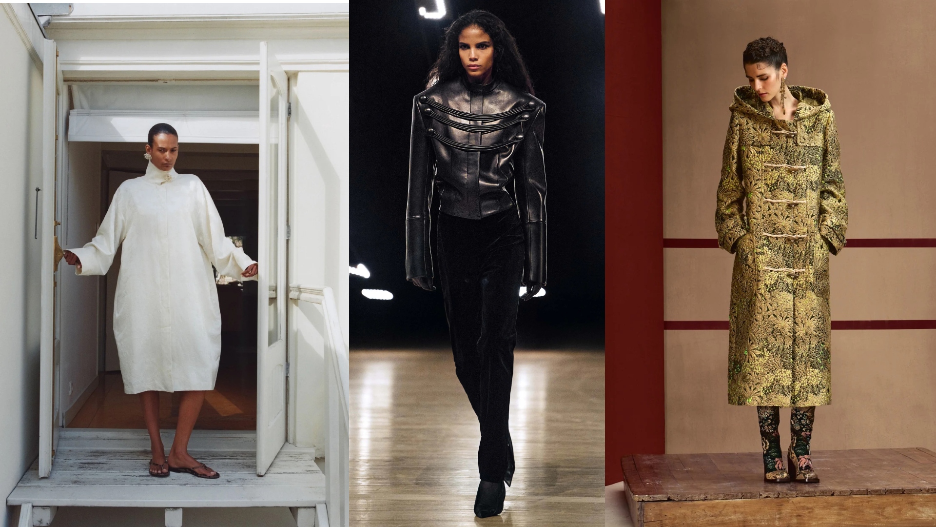 St. Agni, Khaite, Dries Van Noten models in different campaigns wearing brocade and military coats
