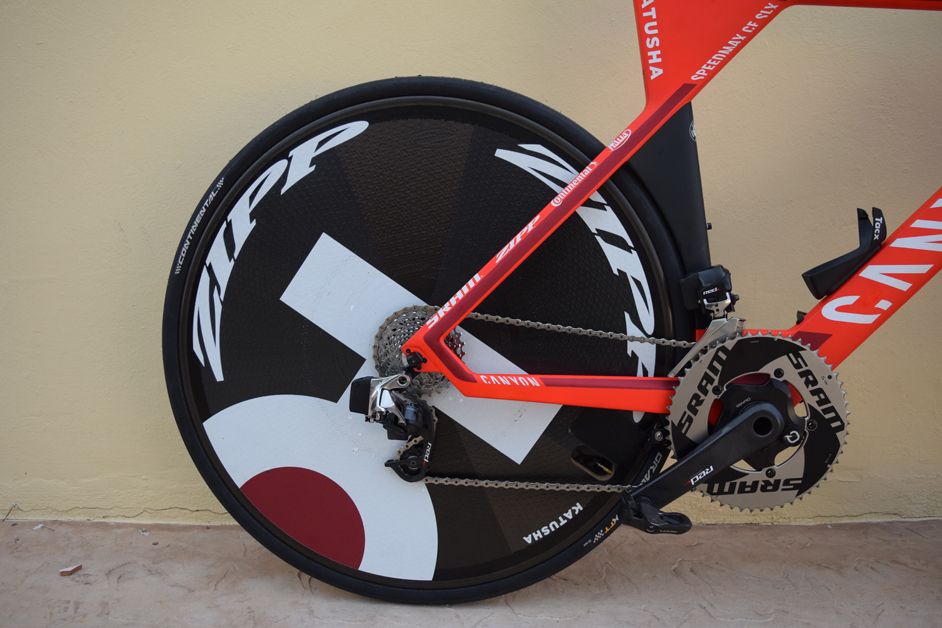 Katusha decals dominate the Zipp Super-9 carbon disc rear wheel