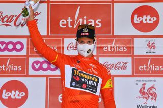 HERON BELGIUM JULY 18 Dylan Groenewegen of Netherlands and Team Jumbo Visma Red Leader Jersey celebrates at podium during the 42nd Tour de Wallonie 2021 Stage 1 a 1857km stage from Genappe to Hron 195m tourdewallonie grandprixdewallonie on July 18 2021 in Heron Belgium Photo by Luc ClaessenGetty Images